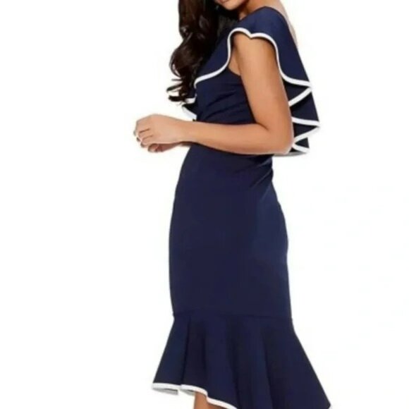 Quiz Nautical One Shoulder Large Collar Mermaid Hem Navy & White Dress Sz 6 NEW - Picture 6 of 8